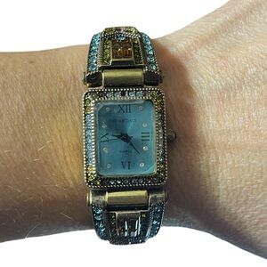 Heidi Daus Art Deco Quartz Watch – Multi-Colored Rhinestone Hinged Cuff